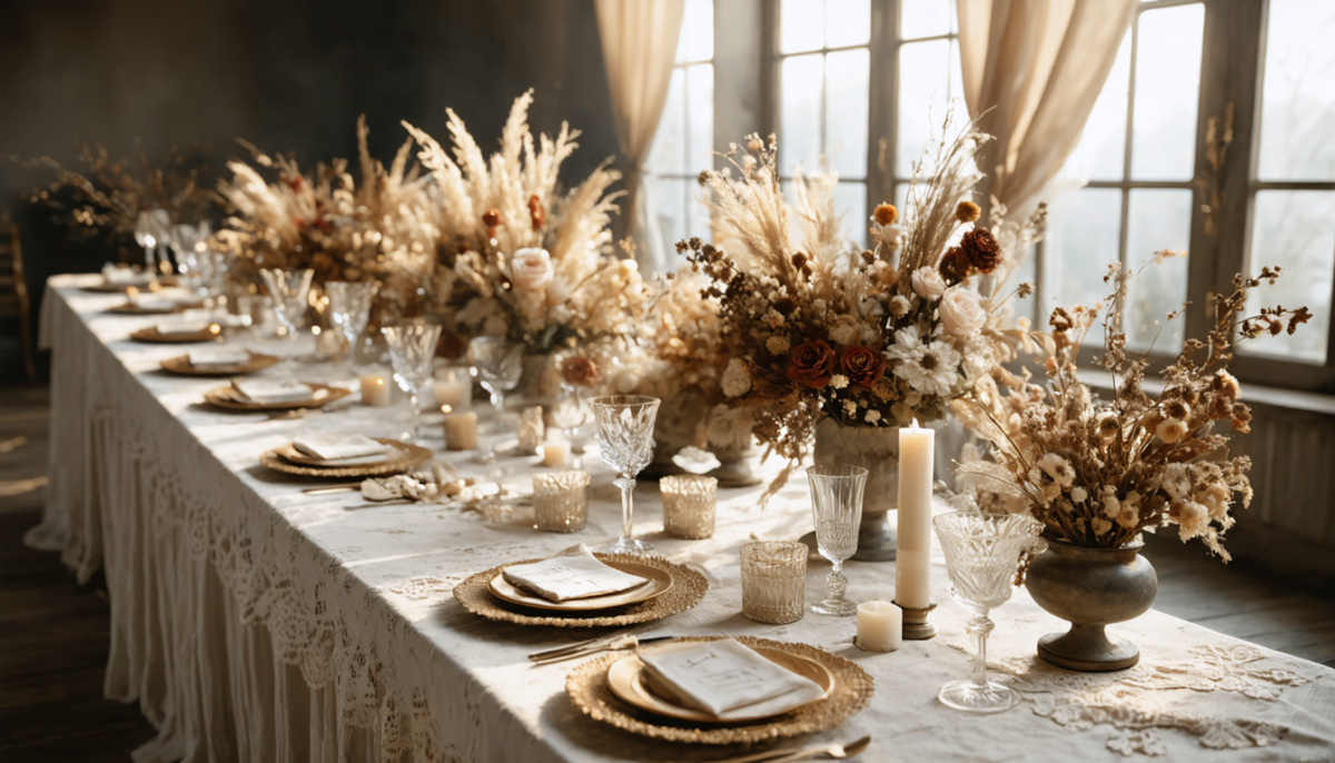 découvrez comment sublimer votre mariage avec l'élégance intemporelle des fleurs séchées, pour une décoration unique et pleine de charme.