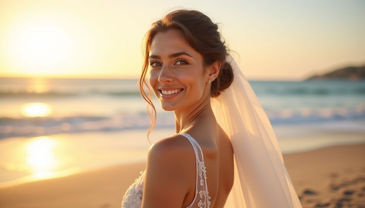 Robe de mariée courte à l'avant et fluide à l'arrière : l'élégance parfaite pour un mariage sur la plage